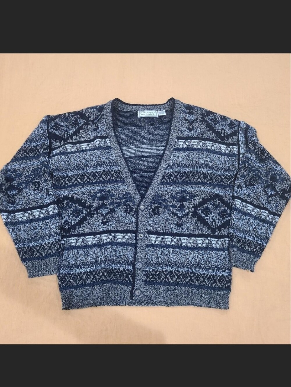 VTG 90s grunge Michael Gerald blue black khaki white geometric pattern Cardigan